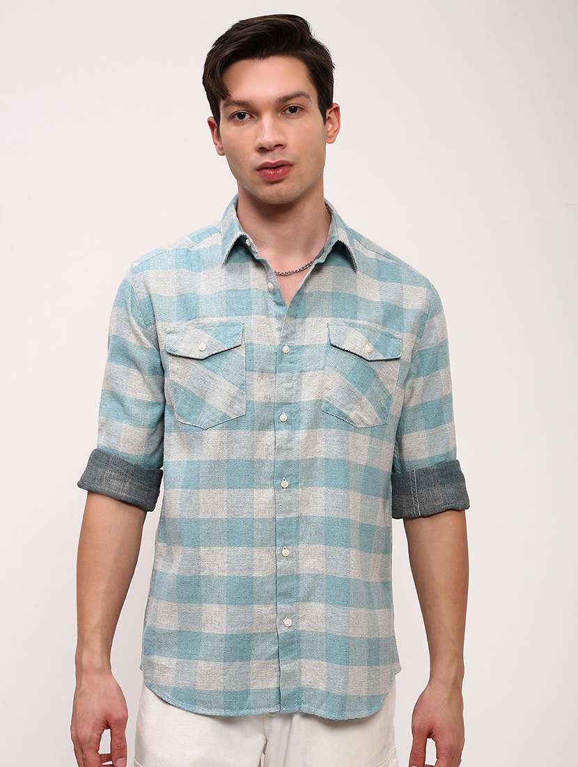 men checkered long sleeves double pockets casual shirt