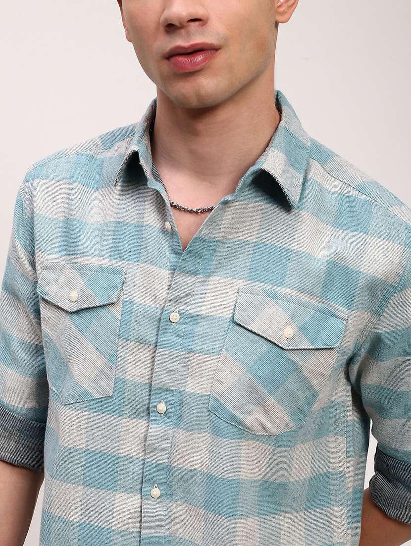 men checkered long sleeves double pockets casual shirt - 21696361 -  Standard Image - 5