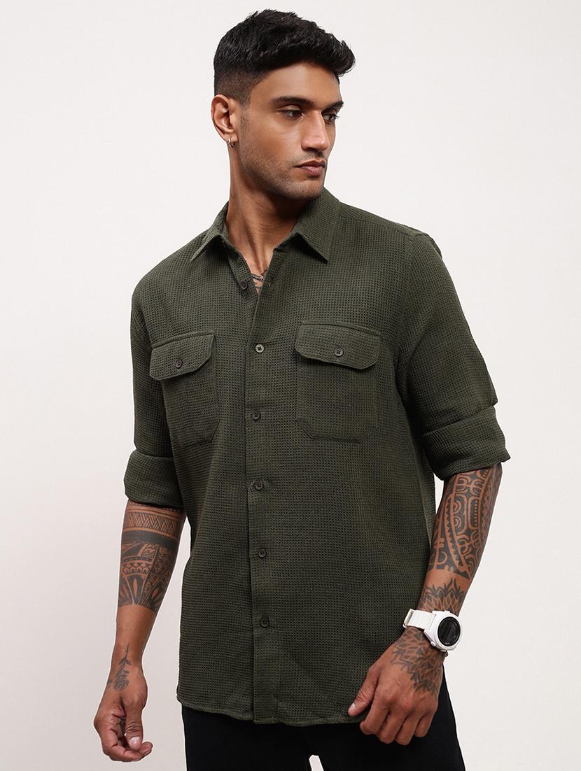 men textured long sleeves double pockets casual shirt - 21696374 - Zoom Image - 0