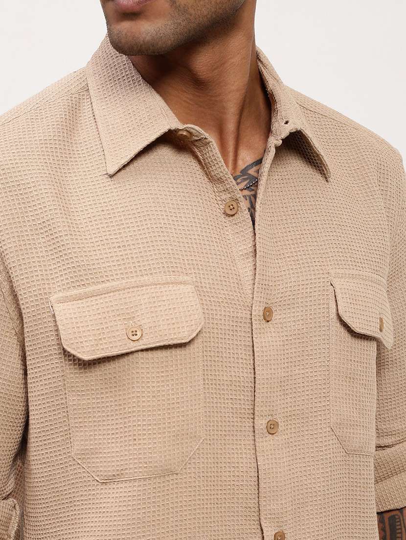 men textured long sleeves double pockets casual shirt - 21696375 -  Standard Image - 5