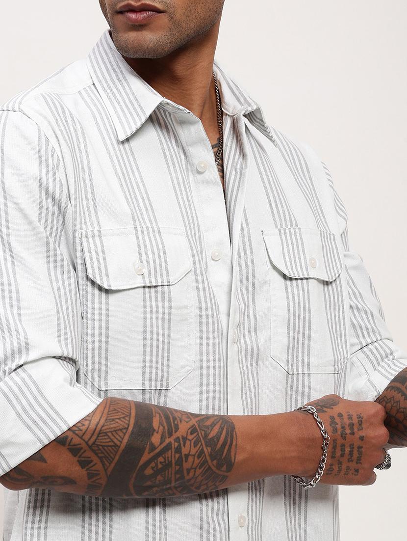 men striped long sleeves double pockets casual shirt - 21696378 - Standard Image - 5