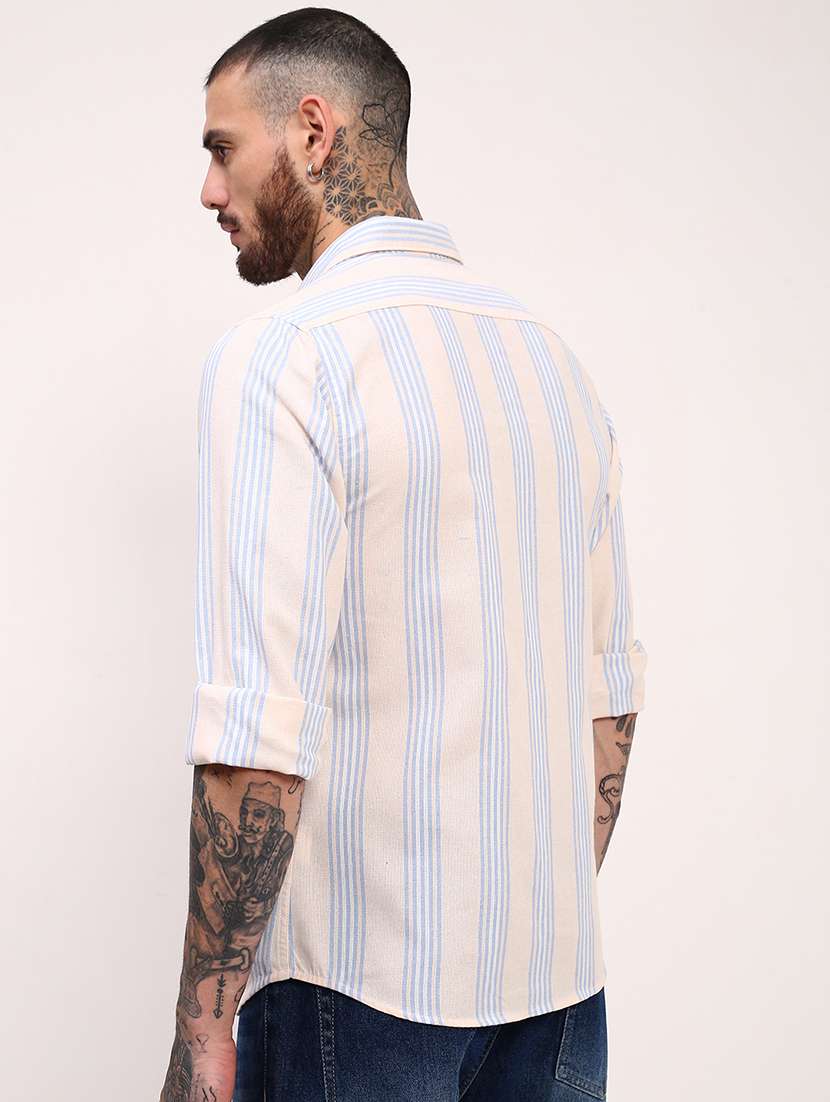 men striped long sleeves double pockets casual shirt - 21696380 -  Standard Image - 3