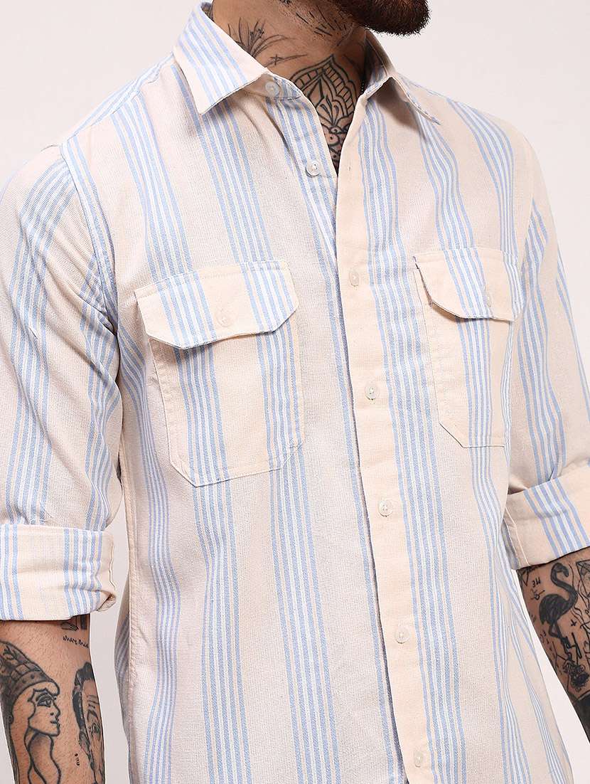 men striped long sleeves double pockets casual shirt - 21696380 -  Standard Image - 5