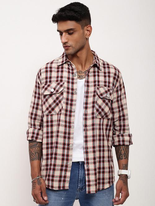 men checkered long sleeve double pockets casual shirt - 21696390 - Standard Image - 0