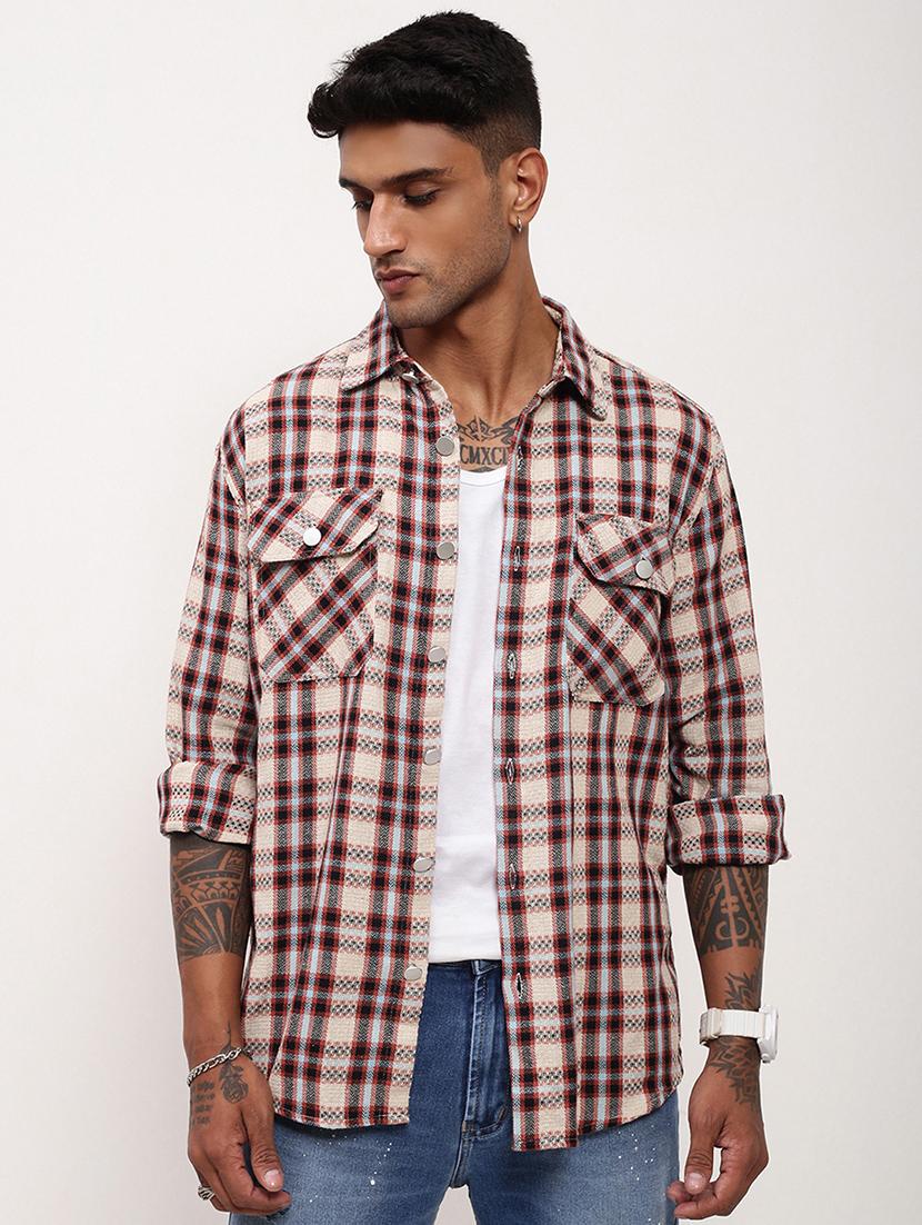 men checkered long sleeve double pockets casual shirt - 21696390 - Zoom Image - 0