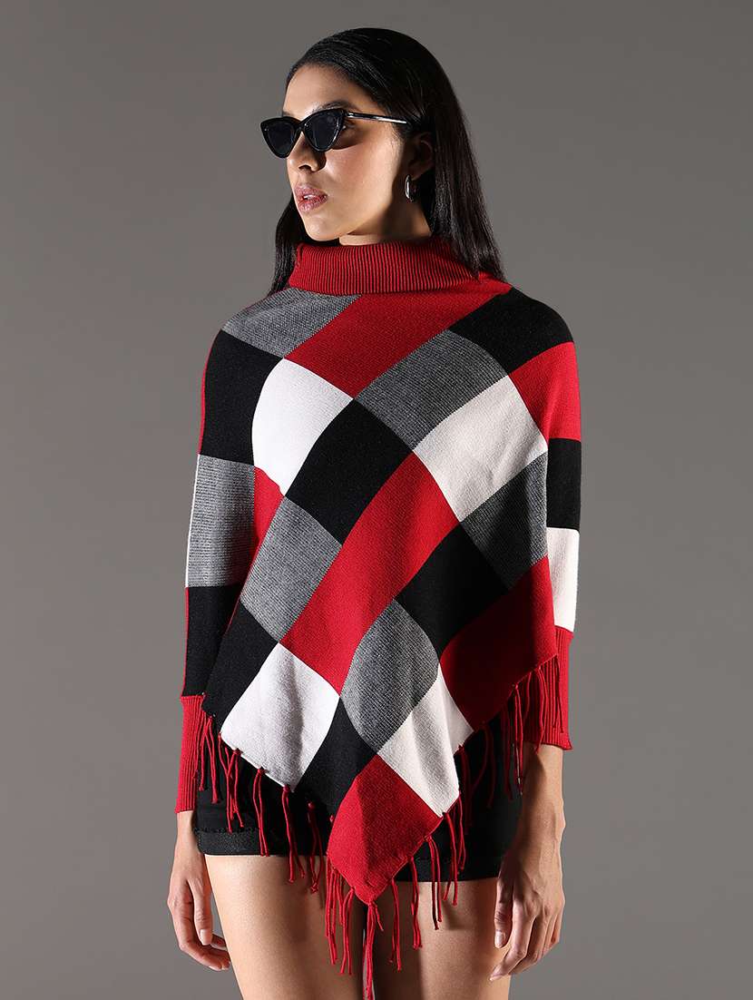 women checks turtle neck ponchos