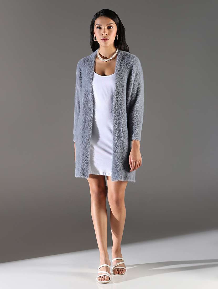 women grey solid long sleeve shrug