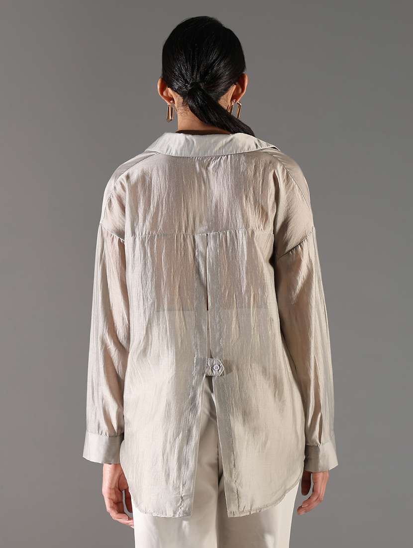 women grey solid long sleeve regular shirt - 21696521 -  Standard Image - 3