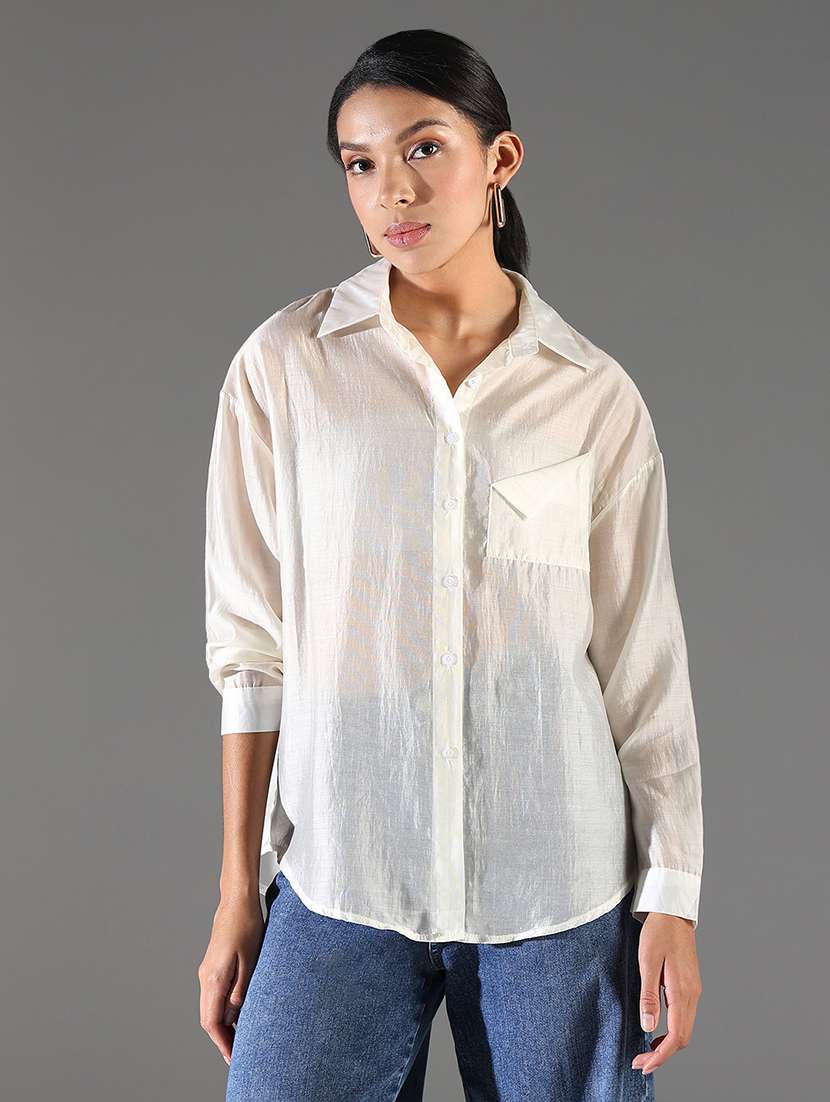 women cream solid long sleeve regular shirt