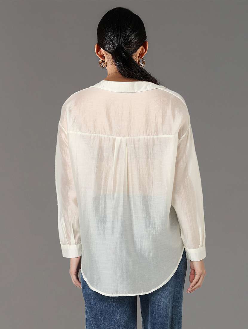 women cream solid long sleeve regular shirt - 21696522 -  Standard Image - 3