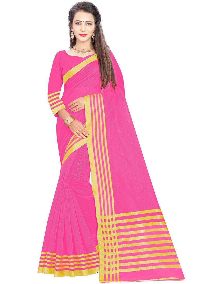 women pink solid bordered saree