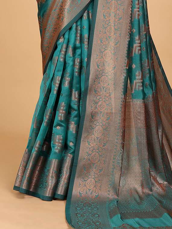 women teal printed zari bordered saree - 21696576 -  Standard Image - 3