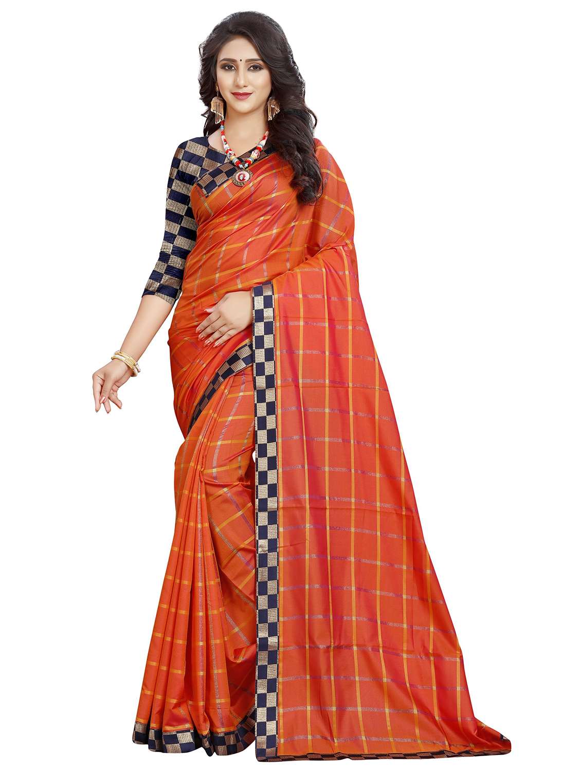 women checkered lace work saree