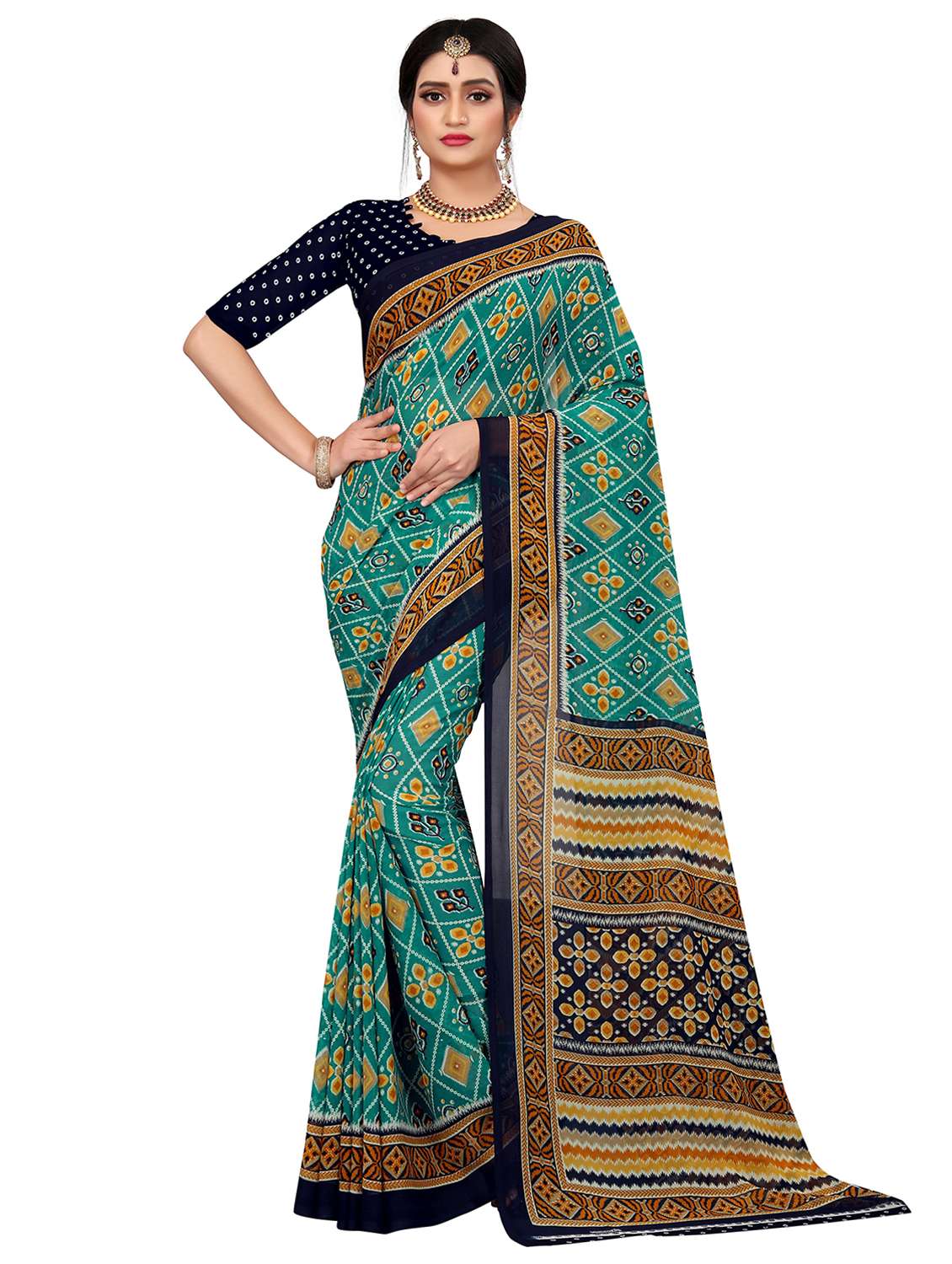 women teal printed saree