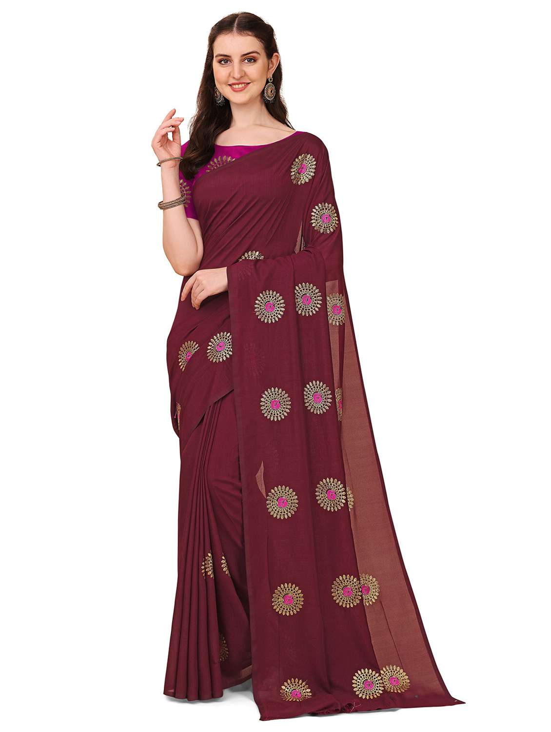 women burgundy embroidered saree