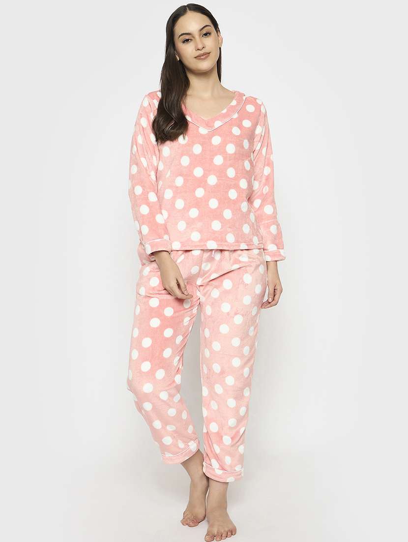 women peach printed v neck nightwear pyjama set