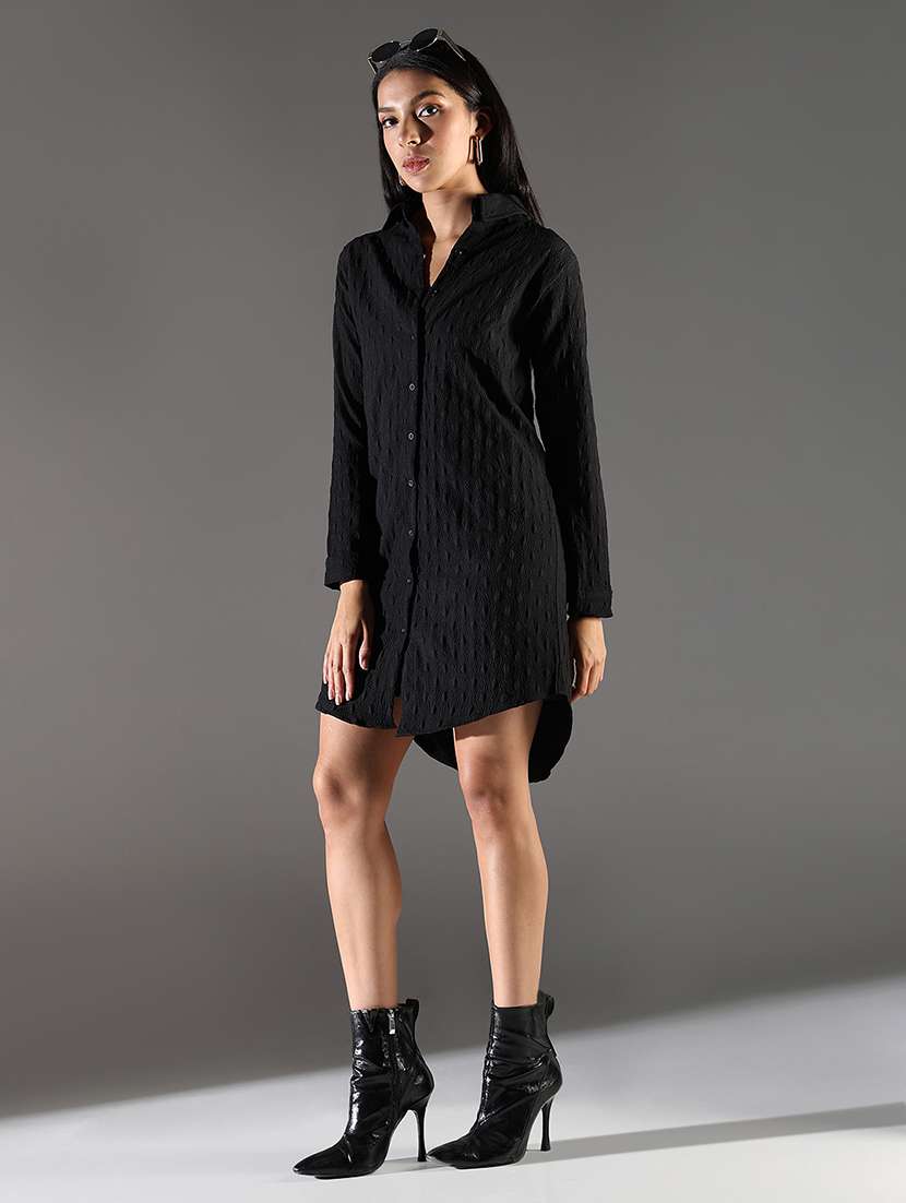 women black solid three quarter sleeve shirt dress - 21696941 -  Standard Image - 3