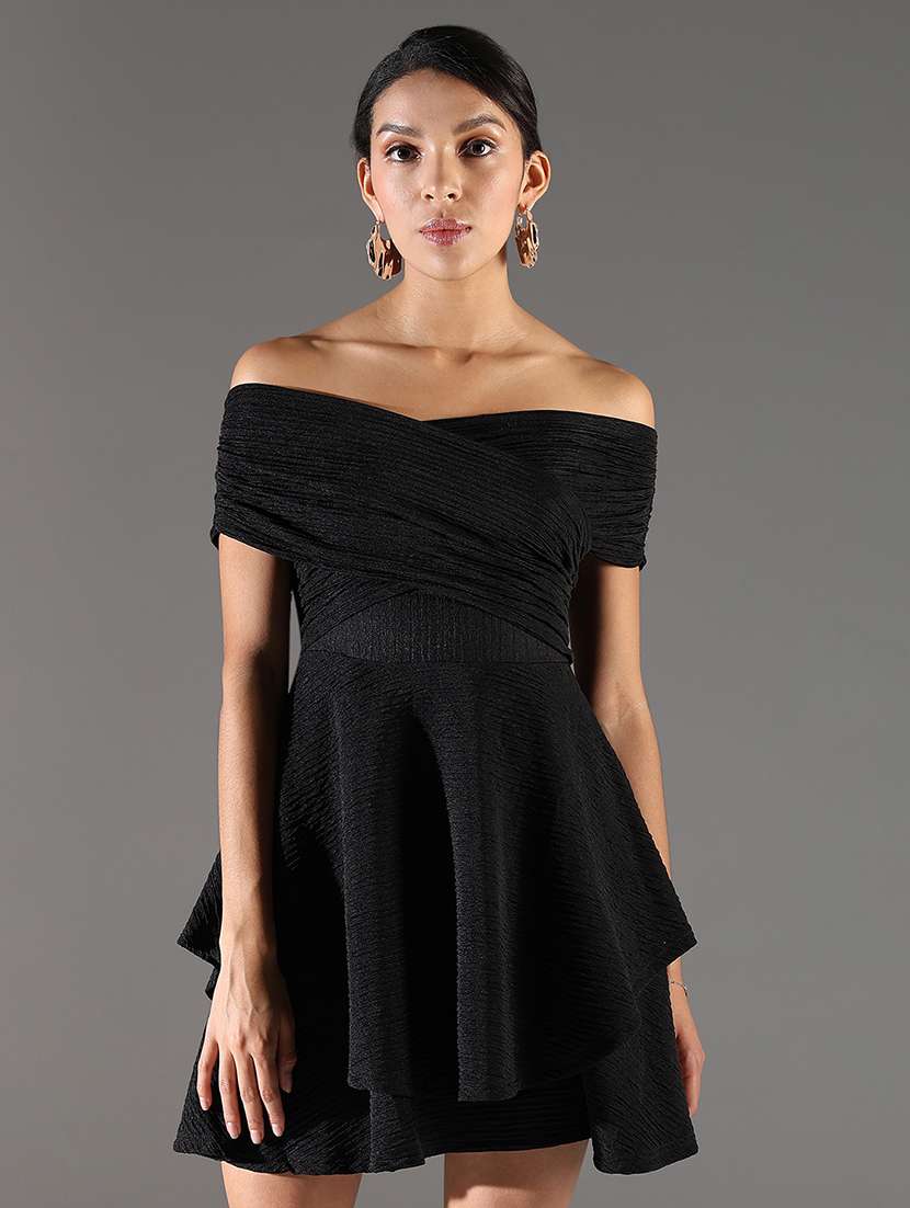 women solid off shoulder neck layered dress