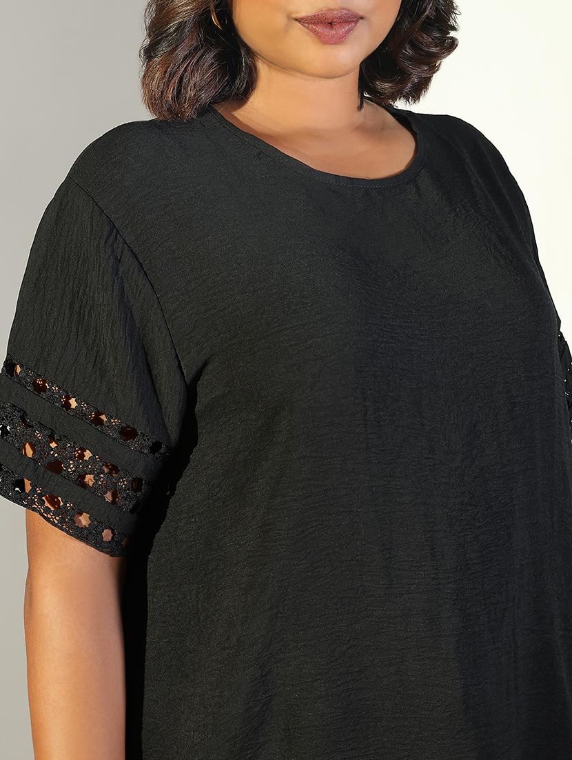 women black solid round neck short sleeve top - 21697008 - Standard Image - 5