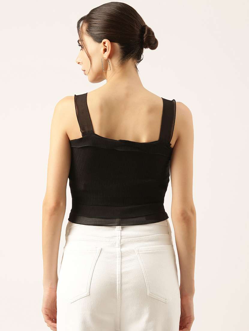 women solid shoulder strap neck crop top - 21697017 -  Standard Image - 3