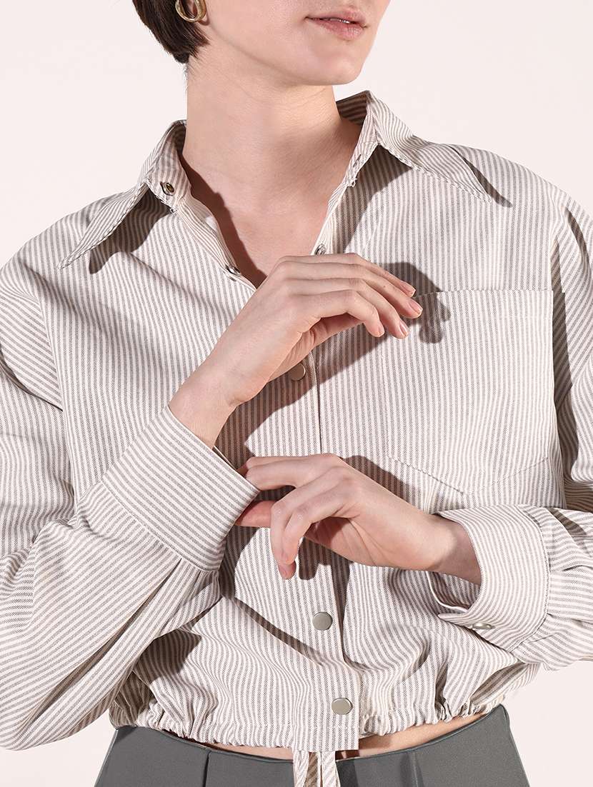 women beige stripes long sleeve shirt top - 21697034 - Standard Image - 5