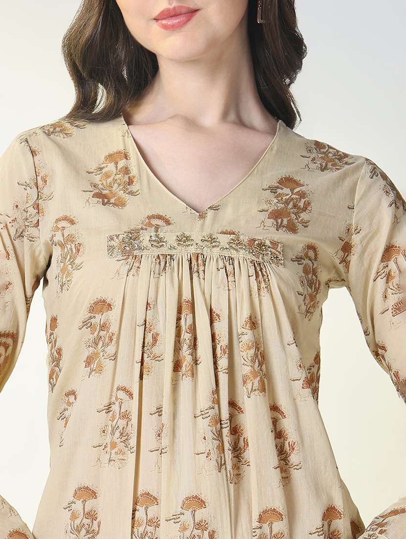 women beige floral printed kurta palazzo set - 21697067 -  Standard Image - 5