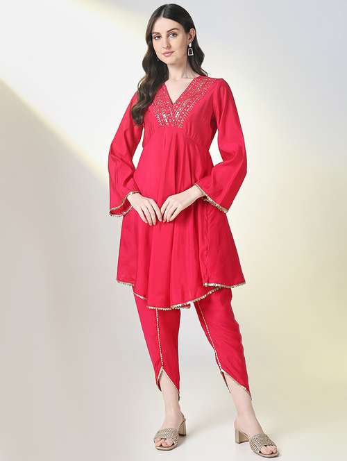 women pink three quarter sleeve dhoti kurta set - 21697080 -  Standard Image - 0