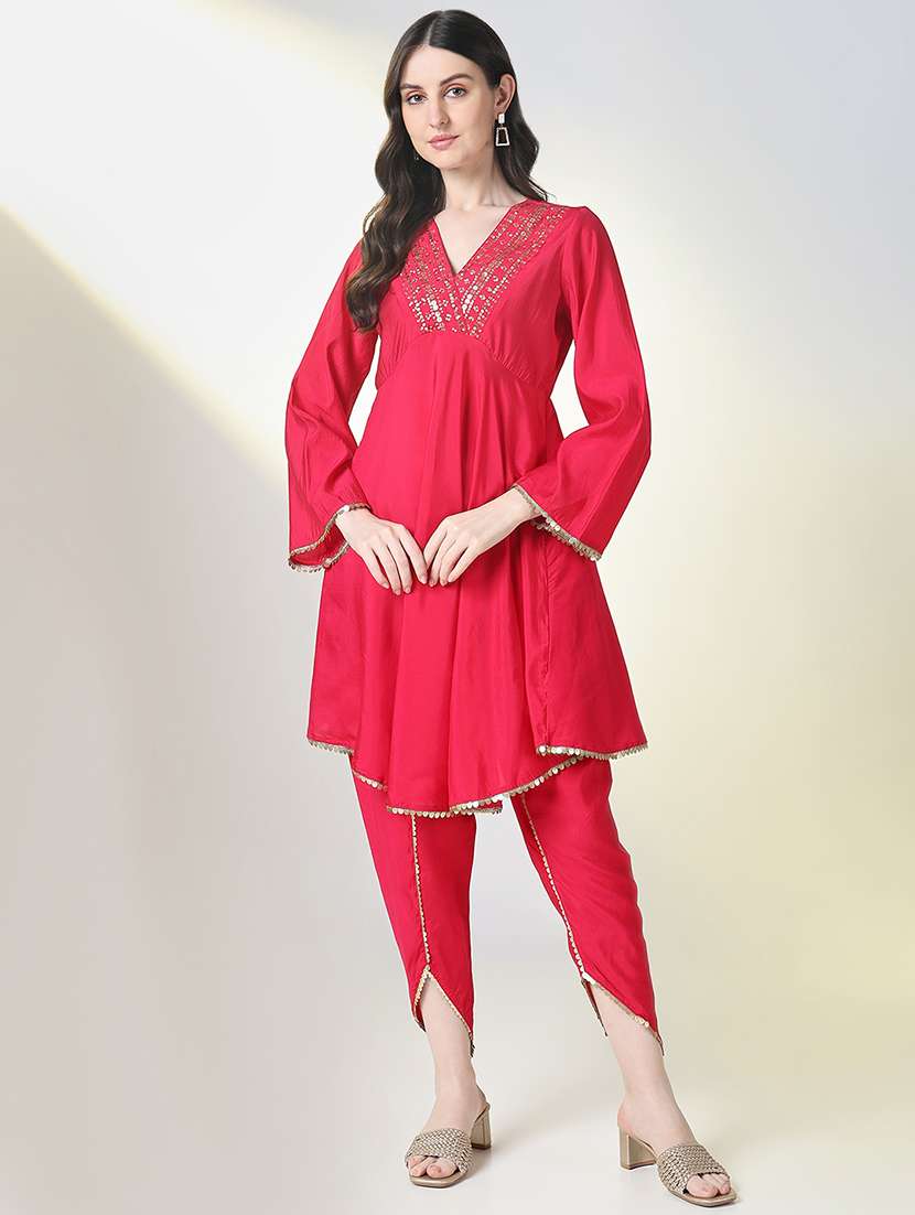 women pink three quarter sleeve dhoti kurta set - 21697080 -  Zoom Image - 0