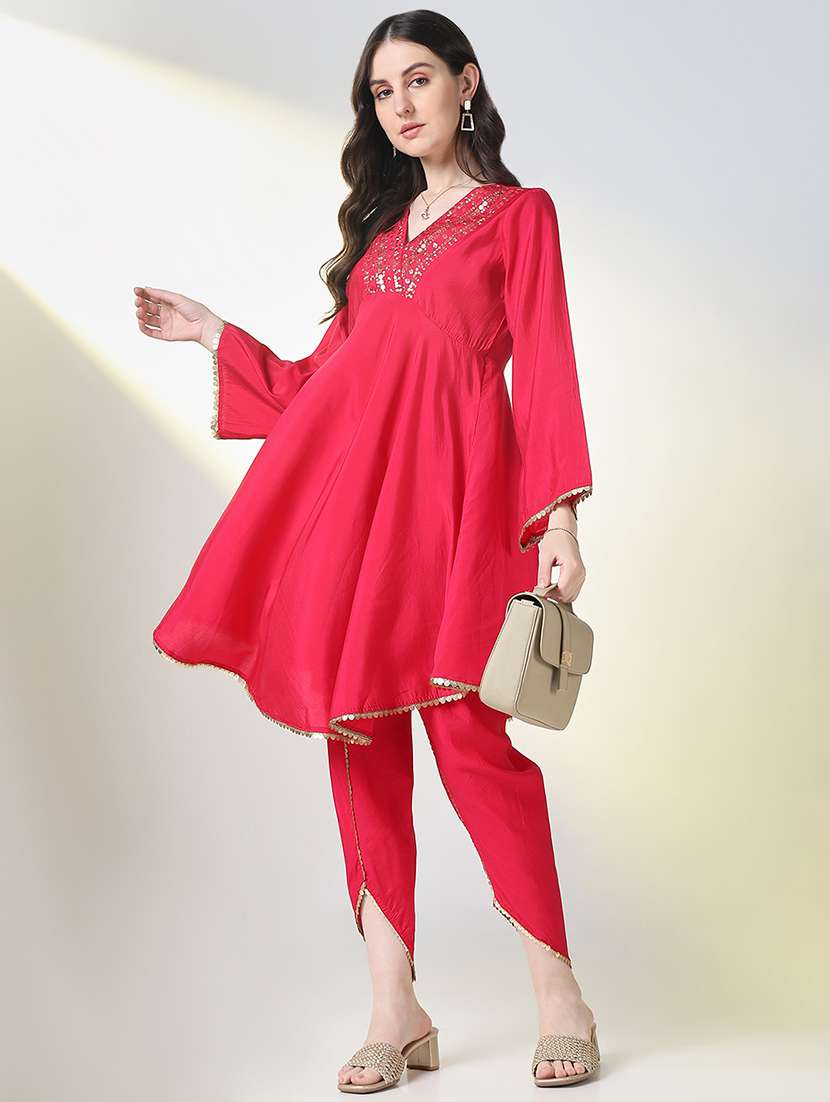 women pink three quarter sleeve dhoti kurta set - 21697080 -  Standard Image - 3