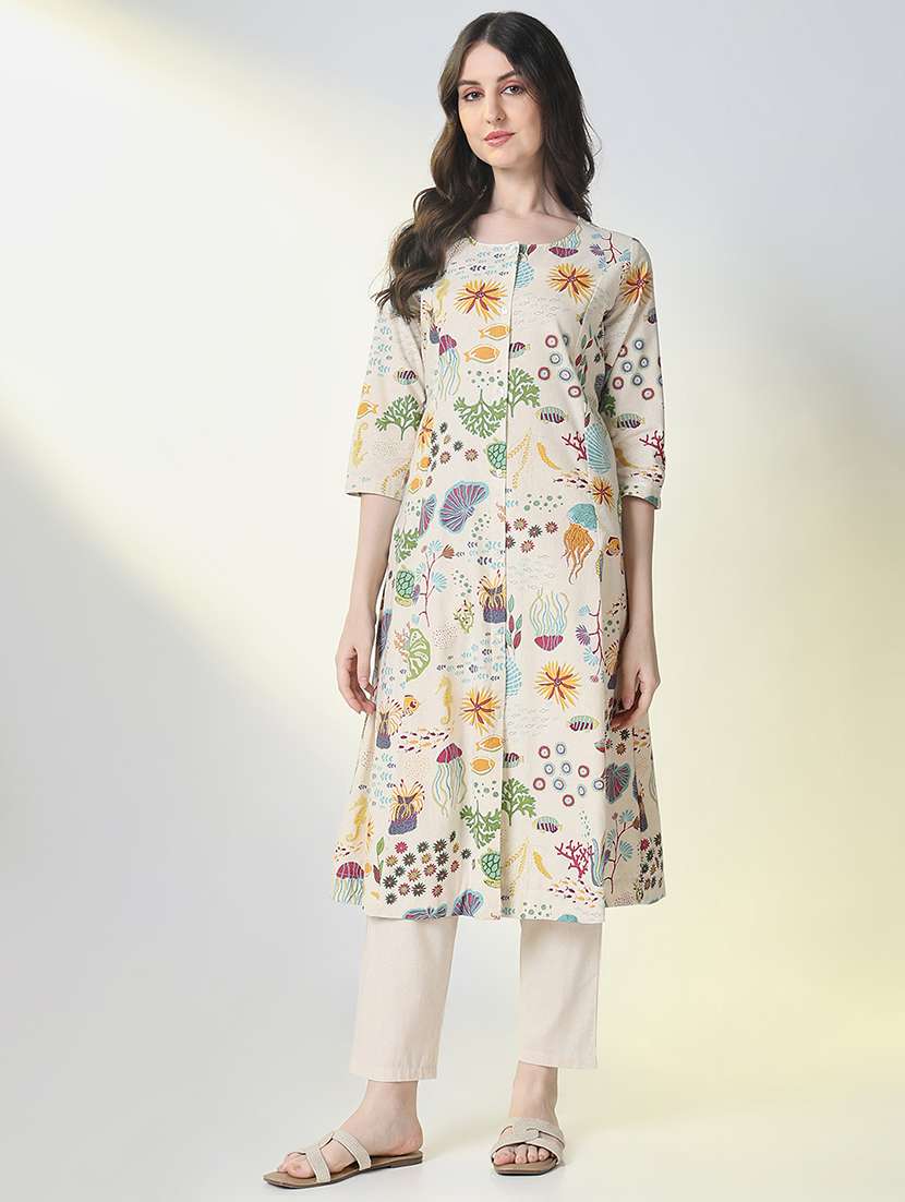 women printed three quarter sleeve kurta pant set