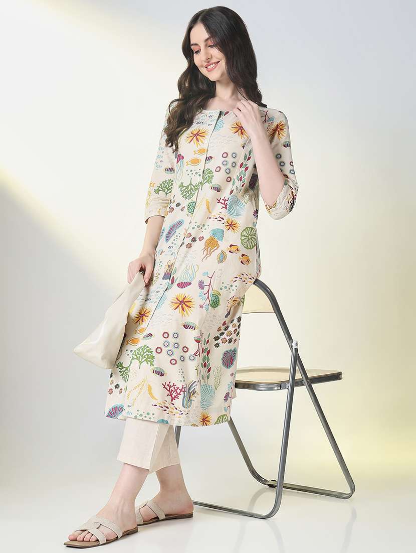 women printed three quarter sleeve kurta pant set - 21697084 -  Standard Image - 3