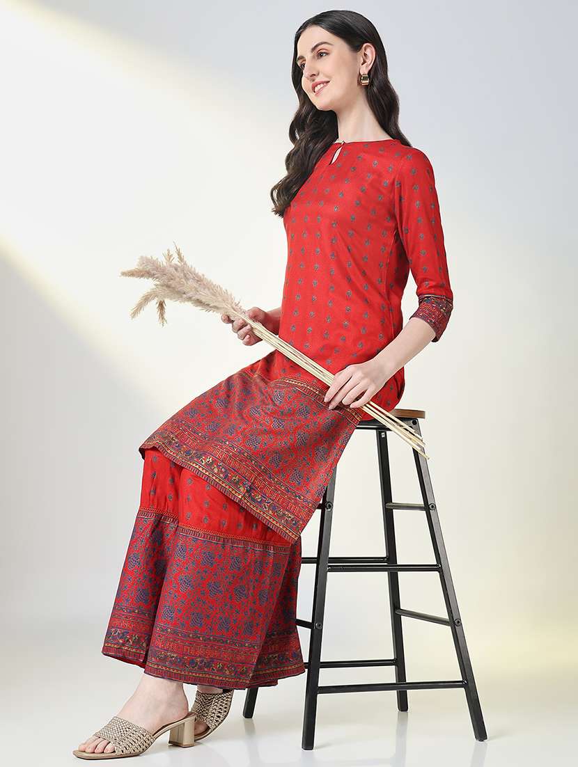 women printed three quarter sleeve kurta palazzo set - 21697087 -  Standard Image - 3