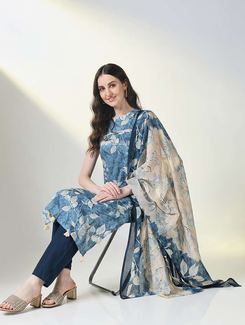 women blue printed sleeveless kurta pant with dupatta set - 21697093 -  Standard Image - 3