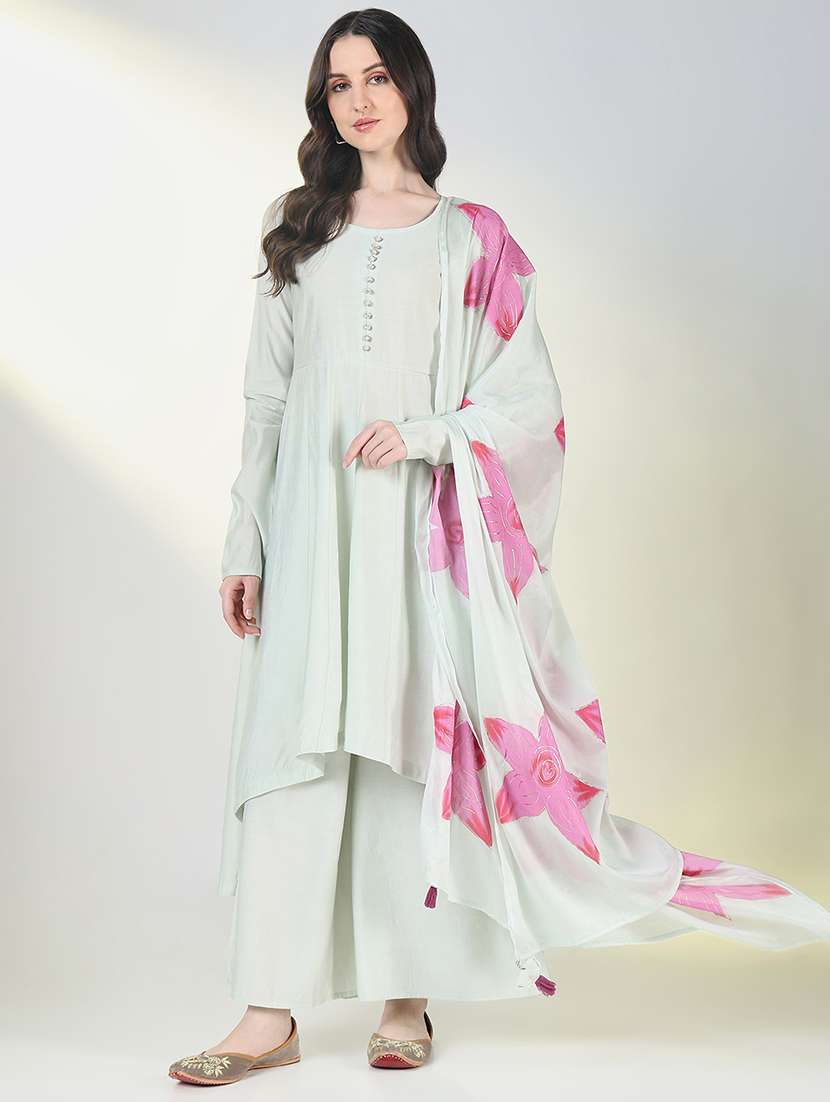 women solid long sleeve kurta palazzo set with dupatta