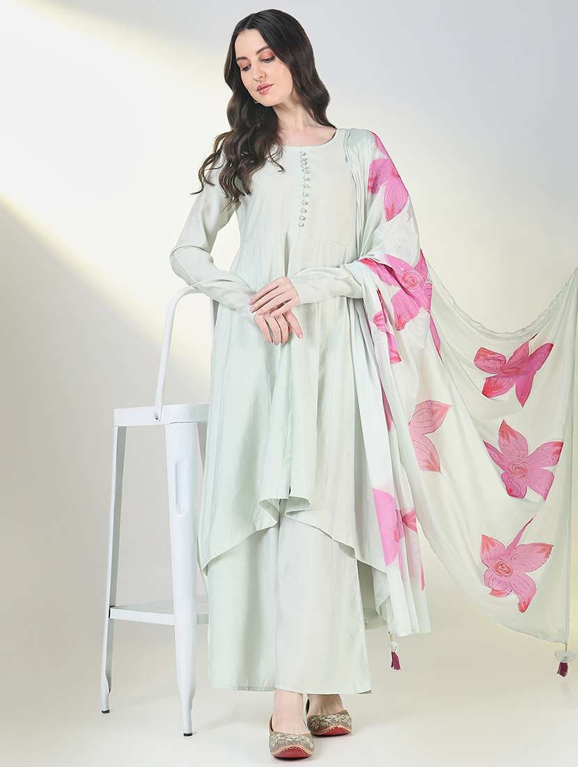 women solid long sleeve kurta palazzo set with dupatta - 21697095 -  Standard Image - 3