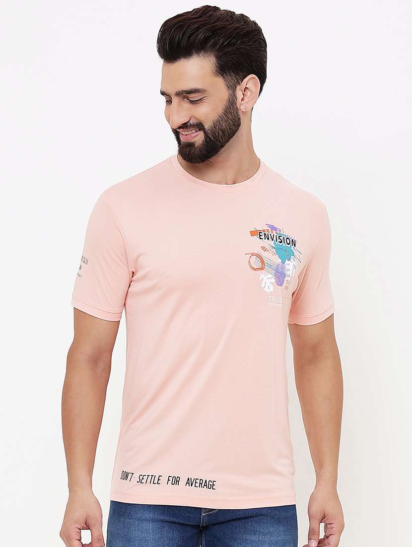 peach cotton blend front print tshirt