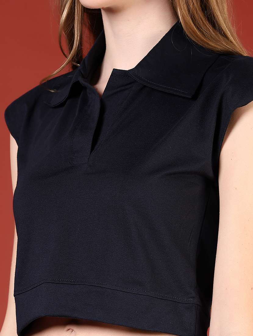 women black solid collared crop top - 21697622 -  Standard Image - 3