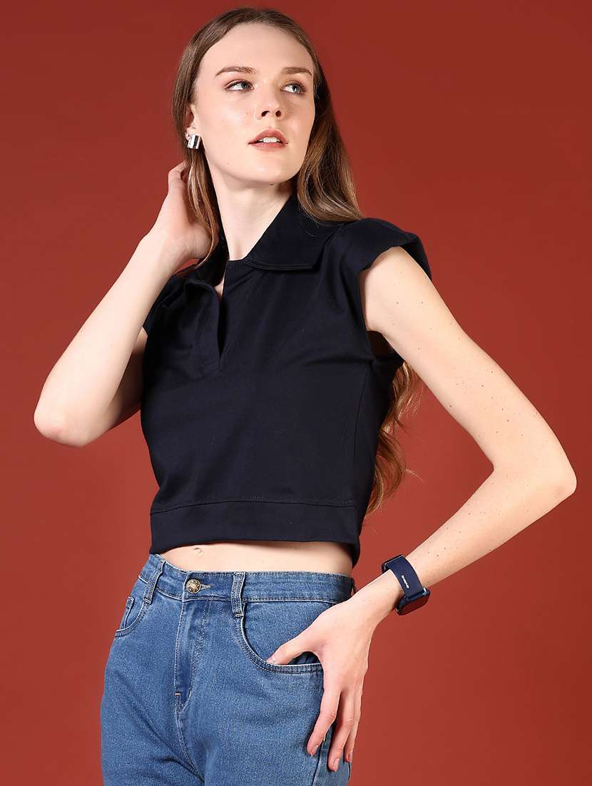 women black solid collared crop top - 21697622 -  Standard Image - 5