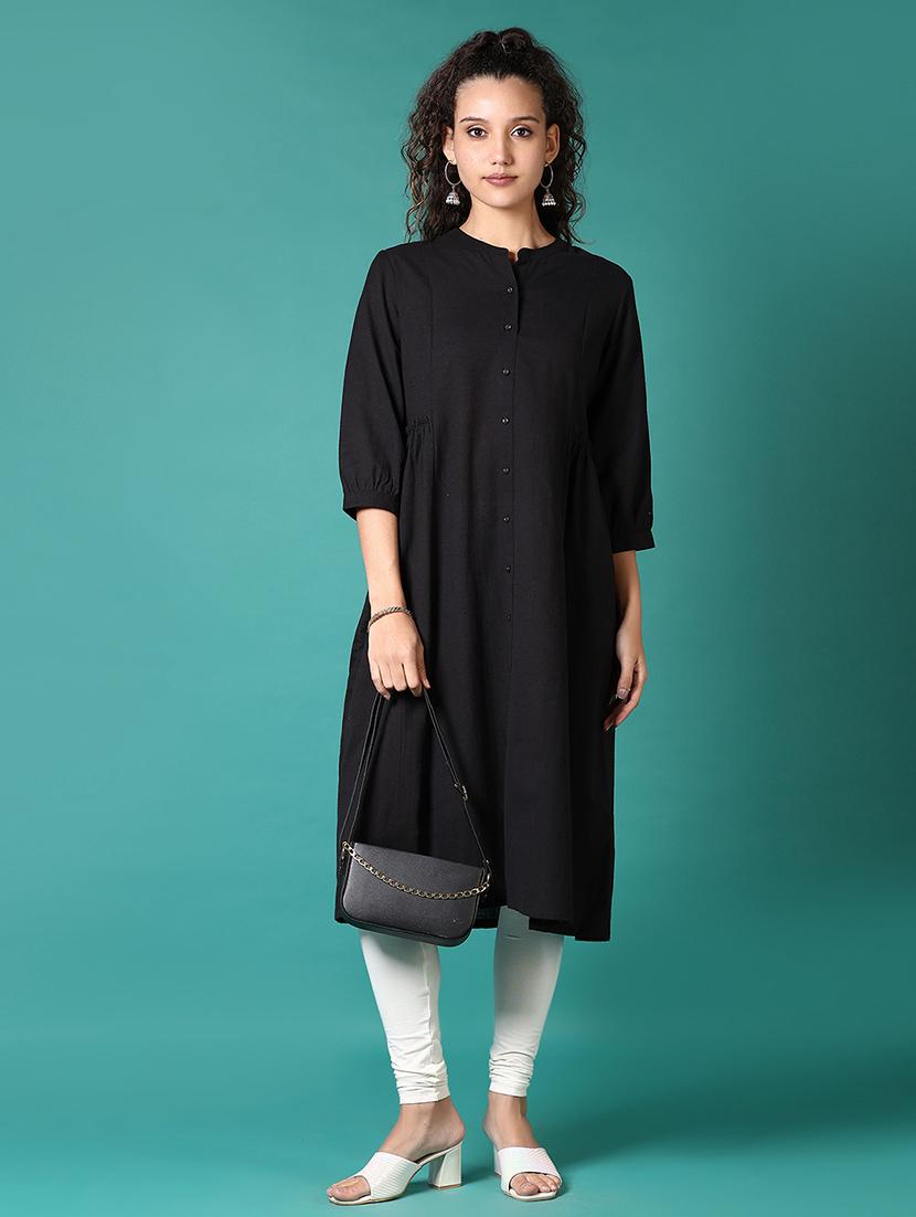 women solid three quarter sleeve a-line kurta - 21697631 - Standard Image - 3