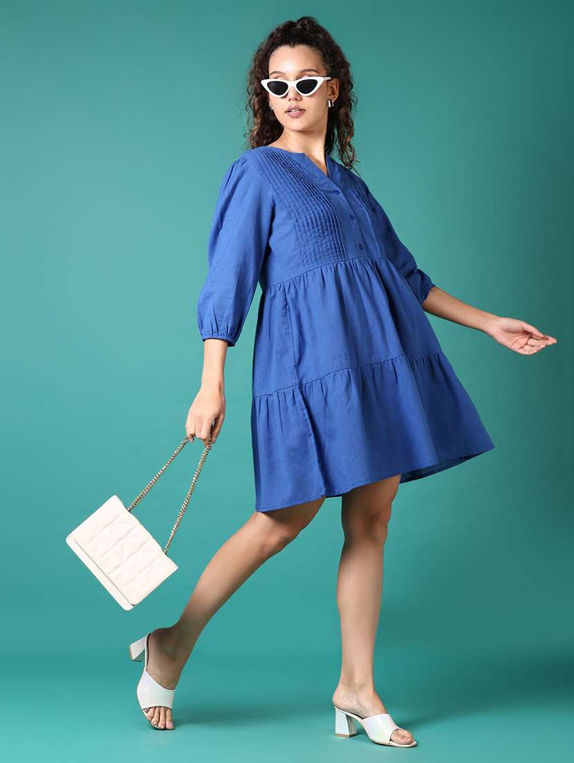 women blue solid v neck tiered dress - 21697634 - Standard Image - 3
