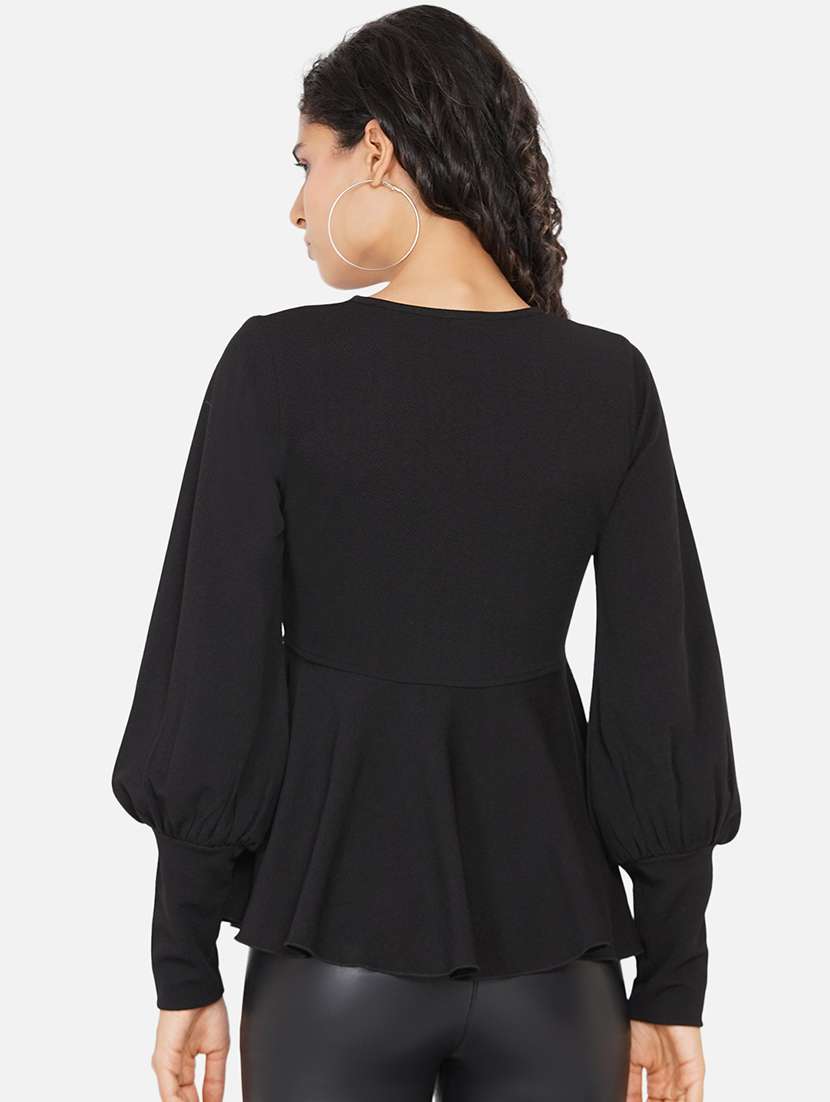 women solid bishop sleeves peplum top - 21697789 - Standard Image - 3