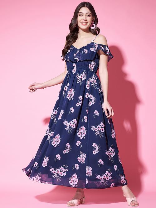 women floral print shoulder strap fit & flared dress - 21697929 - Standard Image - 0