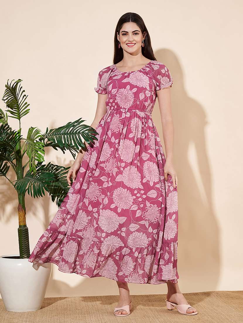 women floral print puff sleeves tiered dress