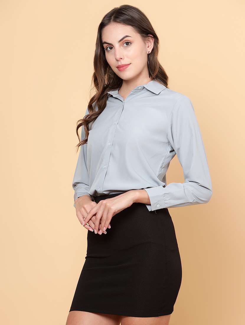 women solid collared long sleeves regular shirt - 21697956 -  Zoom Image - 0