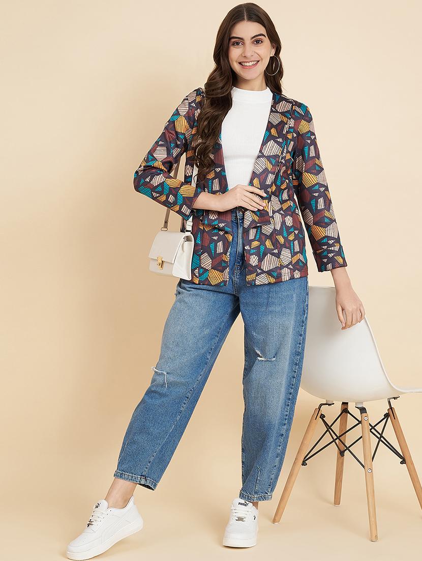 women geometric printed open front regular jacket - 21697973 - Standard Image - 3