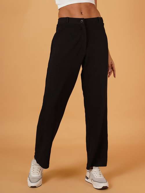 women solid full length flat front trousers