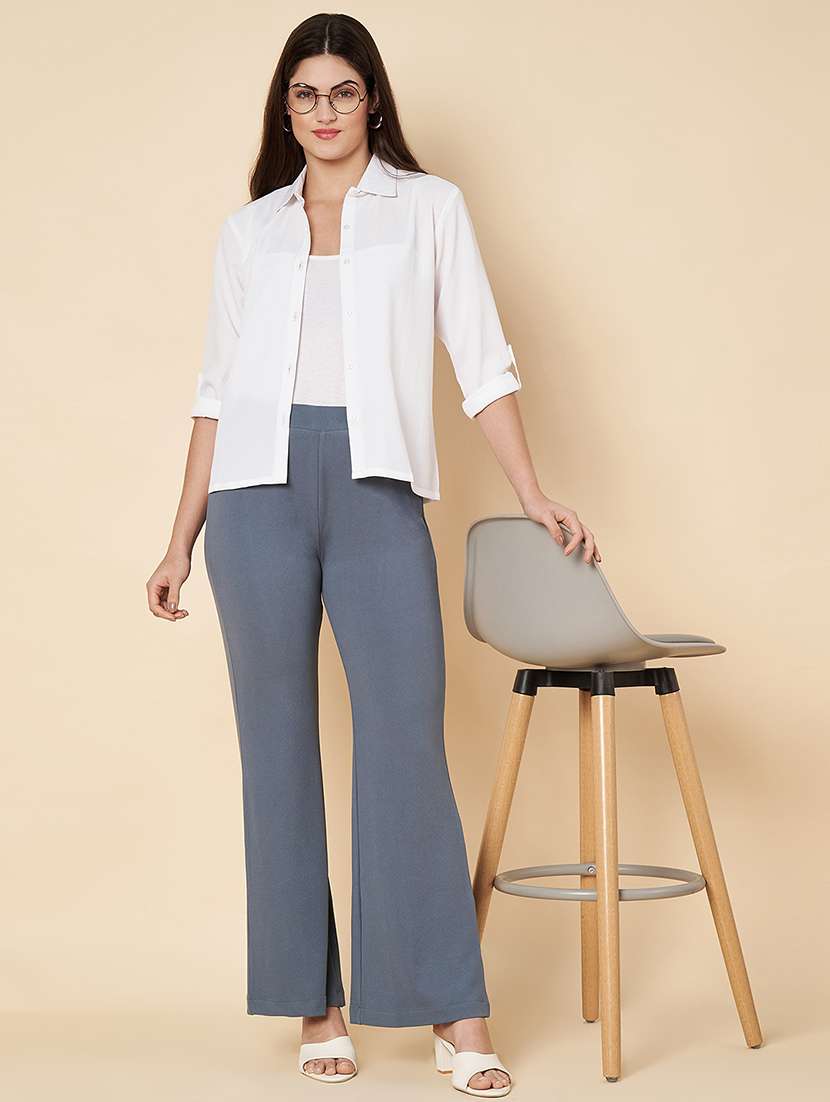 women solid bootcut full length flat front trousers - 21697988 -  Standard Image - 3