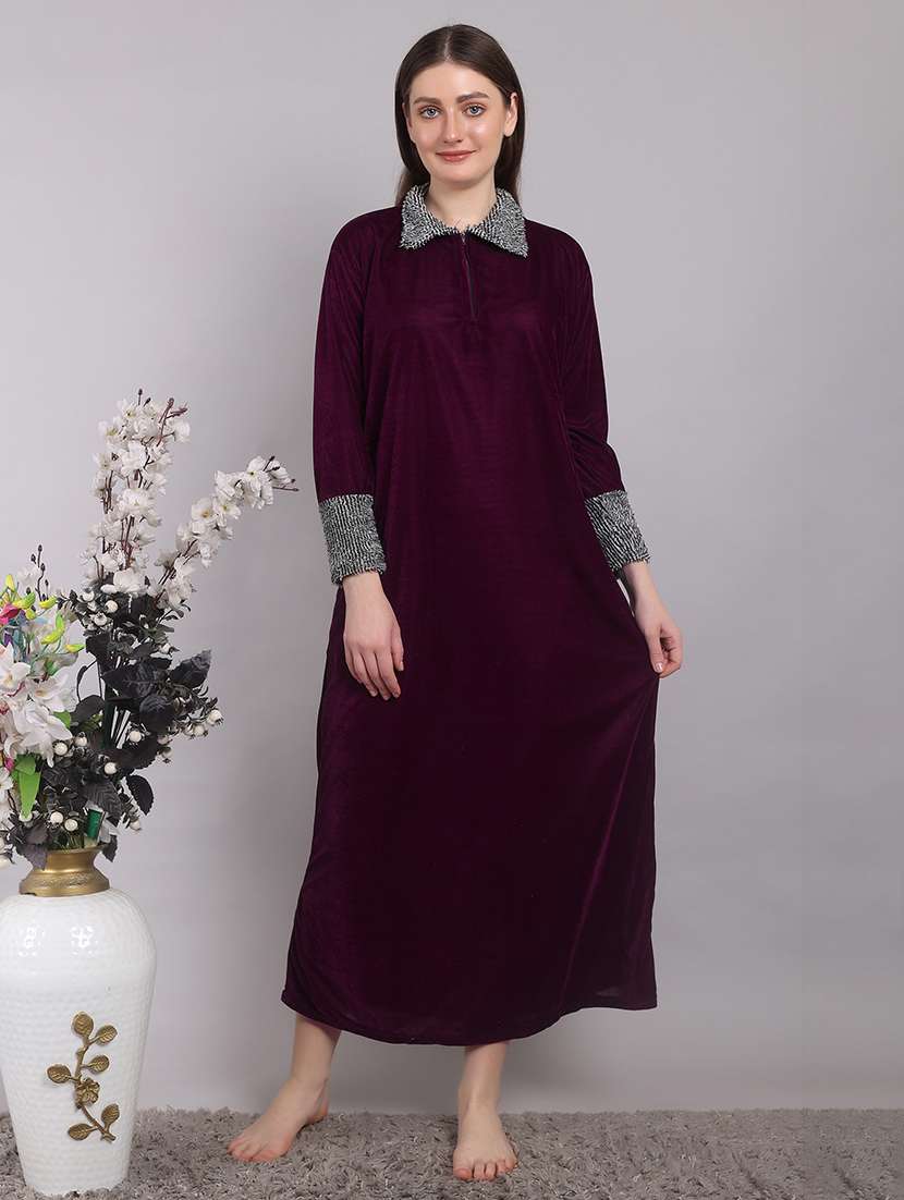 women solid long sleeves winter wear nighty
