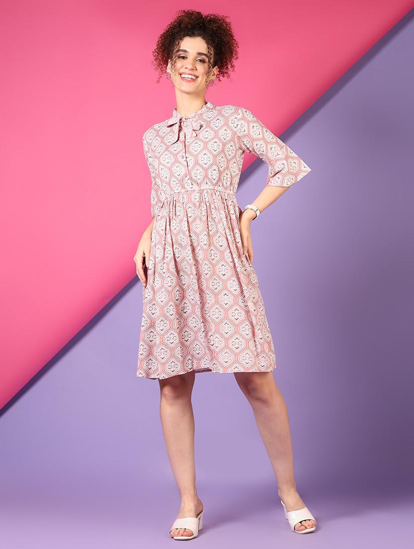 women peach printed elbow sleeve fit & flare dress - 21698901 - Zoom Image - 0