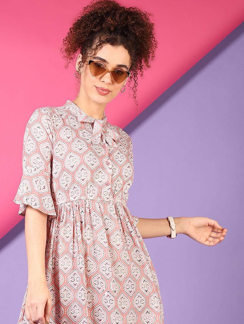 women peach printed elbow sleeve fit & flare dress - 21698901 - Standard Image - 3